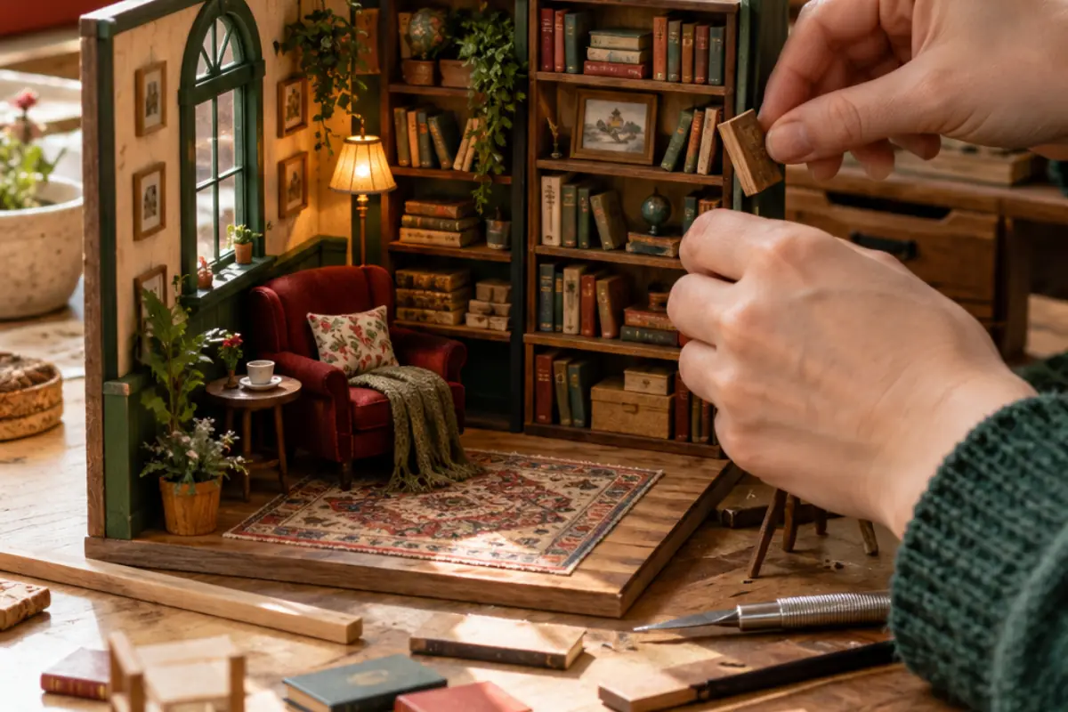 Mains assemblant un décor miniature de bibliothèque dans un atelier chaleureux