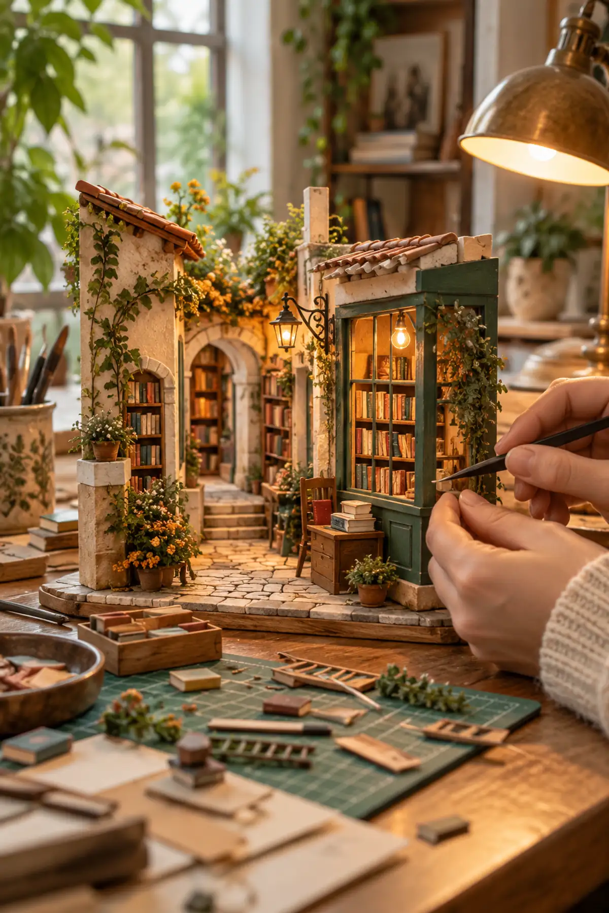 Mains assemblant un décor miniature de bibliothèque dans un atelier chaleureux