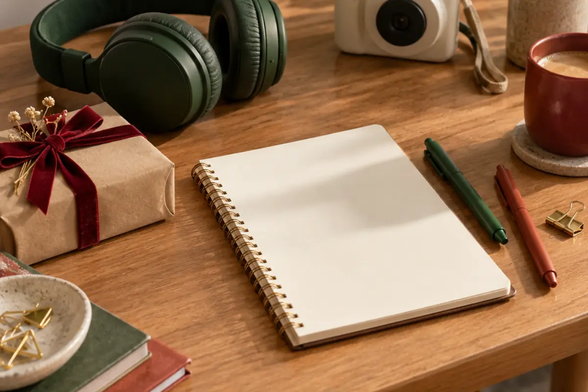 Bureau créatif avec carnet, casque audio sans marque et petit paquet cadeau