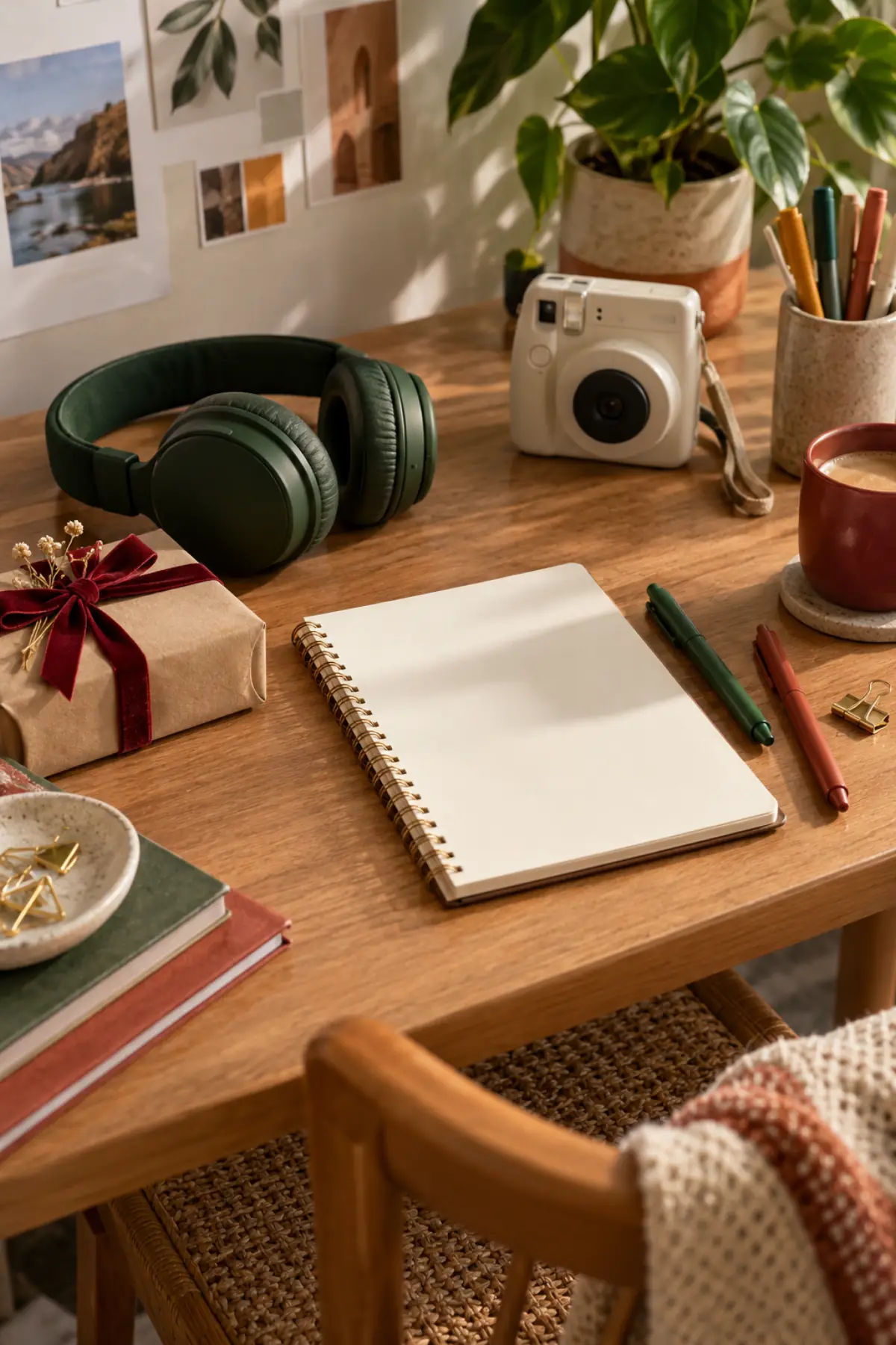 Bureau créatif avec carnet, casque audio sans marque et petit paquet cadeau