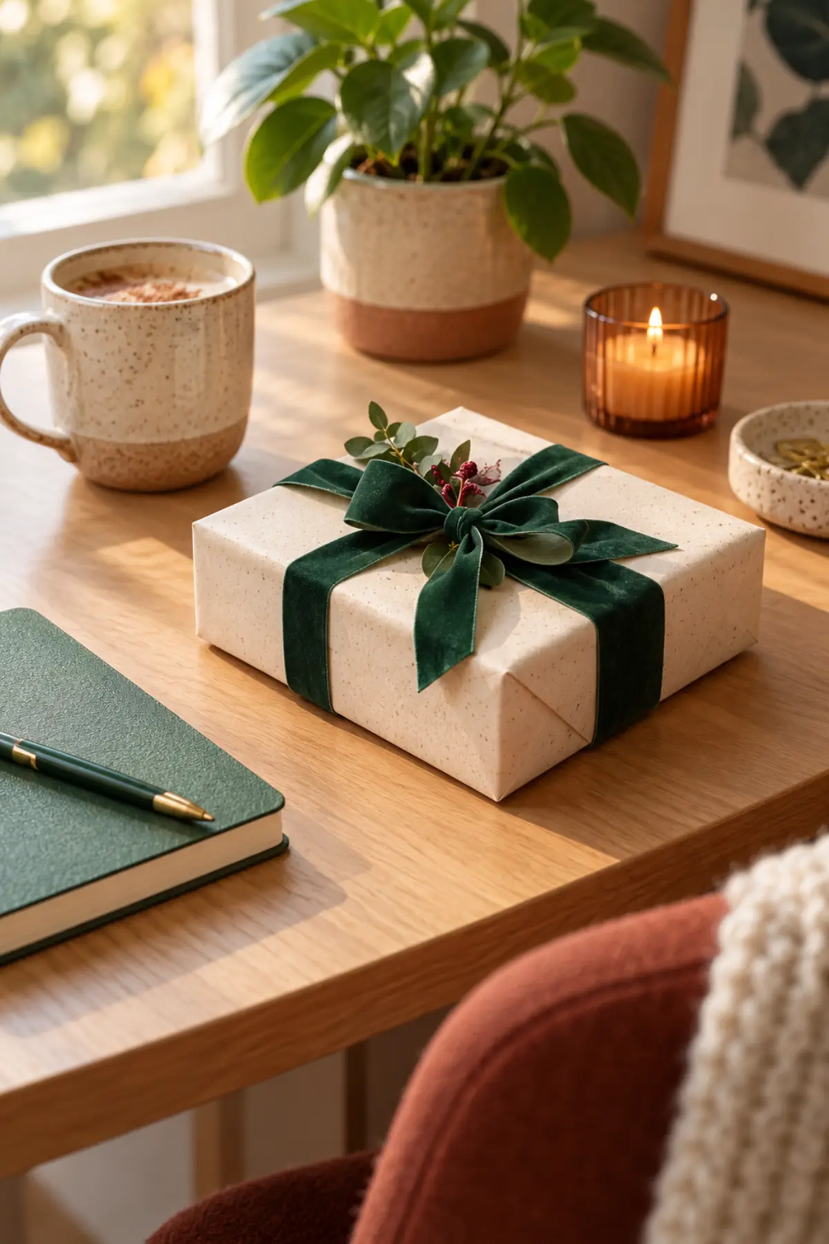 Petit cadeau sobre posé sur un bureau avec une tasse et un carnet