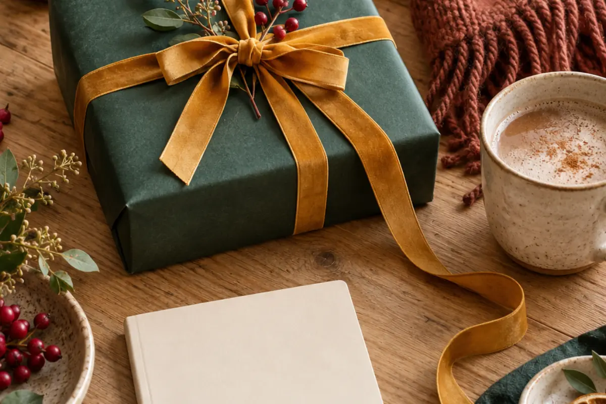 Paquet cadeau vert profond, carnet et ruban disposés sur une table en bois clair