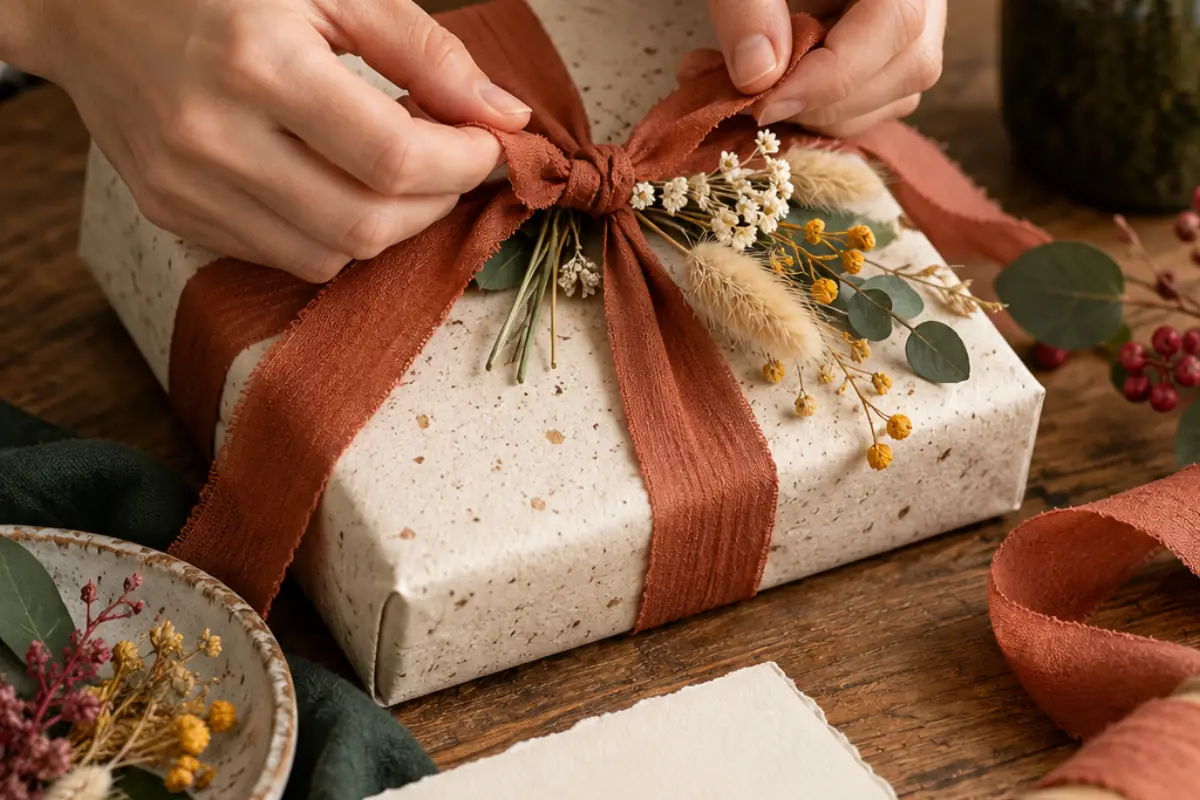 Mains nouant un ruban terracotta autour d’un cadeau accompagné de fleurs séchées