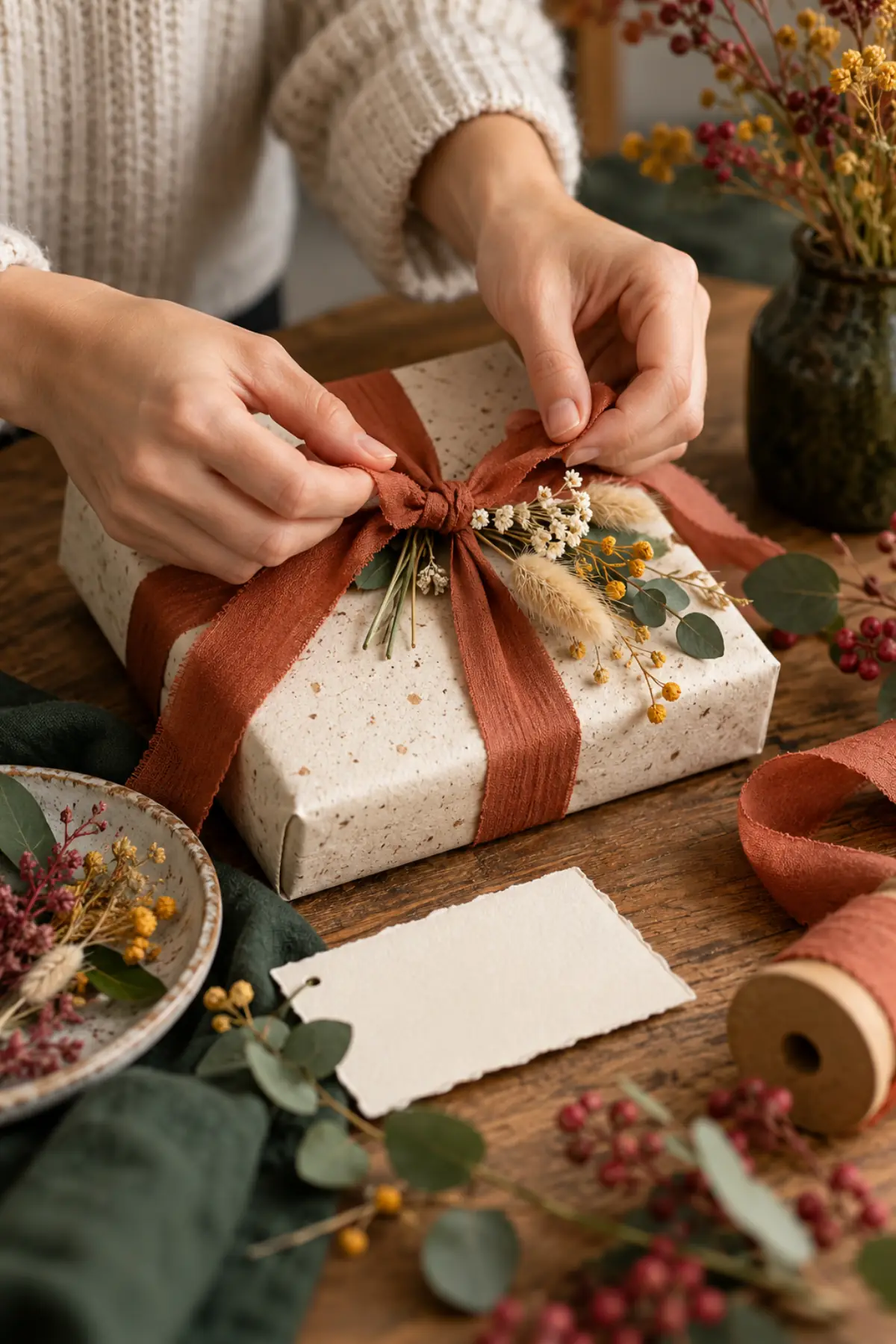 Mains nouant un ruban terracotta autour d’un cadeau accompagné de fleurs séchées