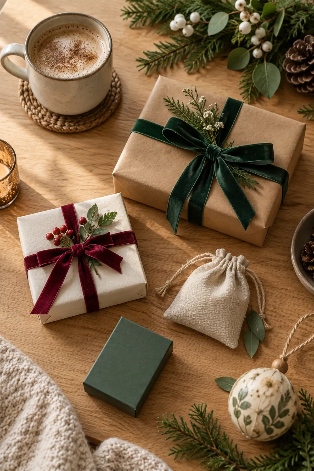 Petits cadeaux de Secret Santa emballés avec des papiers colorés et sobres