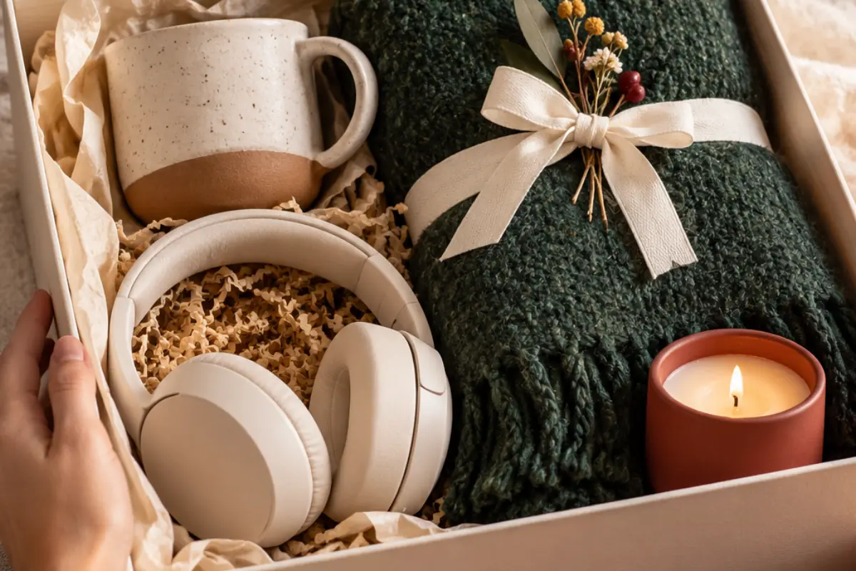 Coffret cadeau premium sans marque, textile et céramique en lumière douce