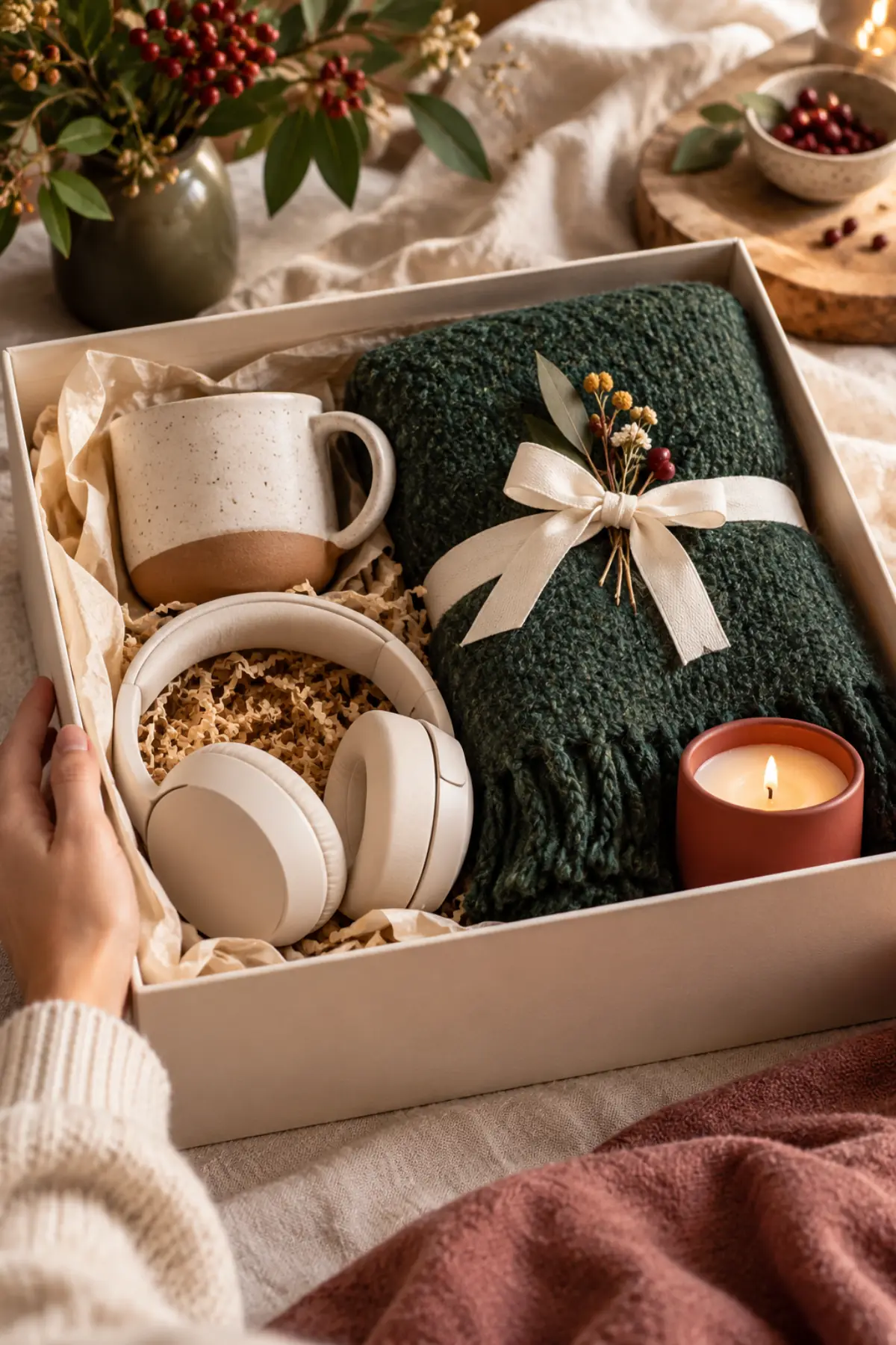 Coffret cadeau premium sans marque, textile et céramique en lumière douce