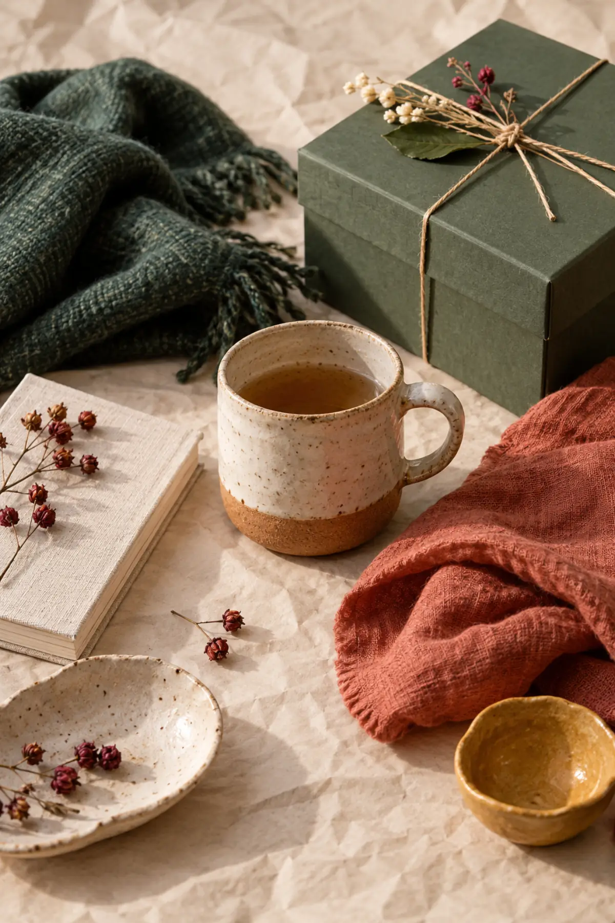 Objets cadeaux choisis pour leur matière et leur finition sur un fond papier