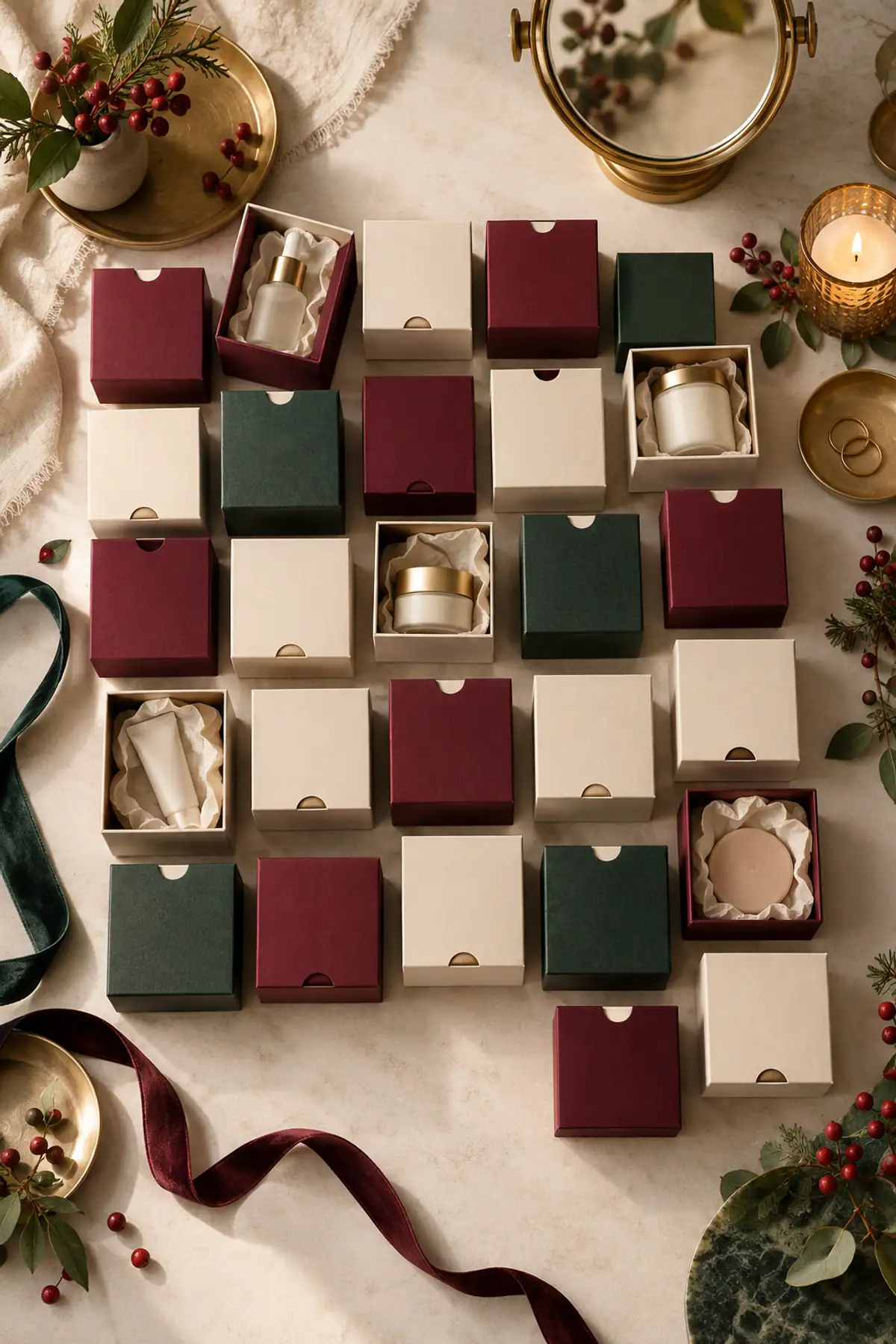 Calendrier de l’Avent générique et soins sans marque disposés en flat lay