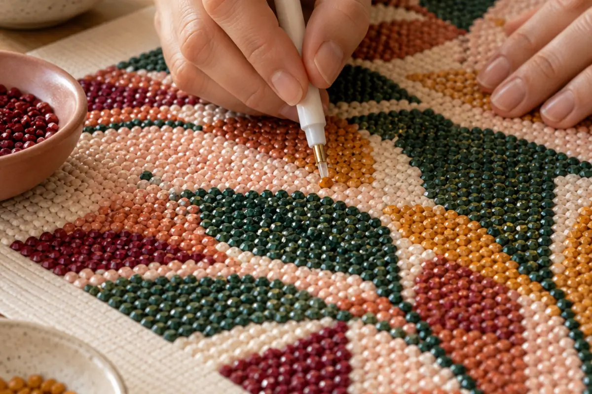 Gros plan sur des mains posant des perles colorées sur une toile créative