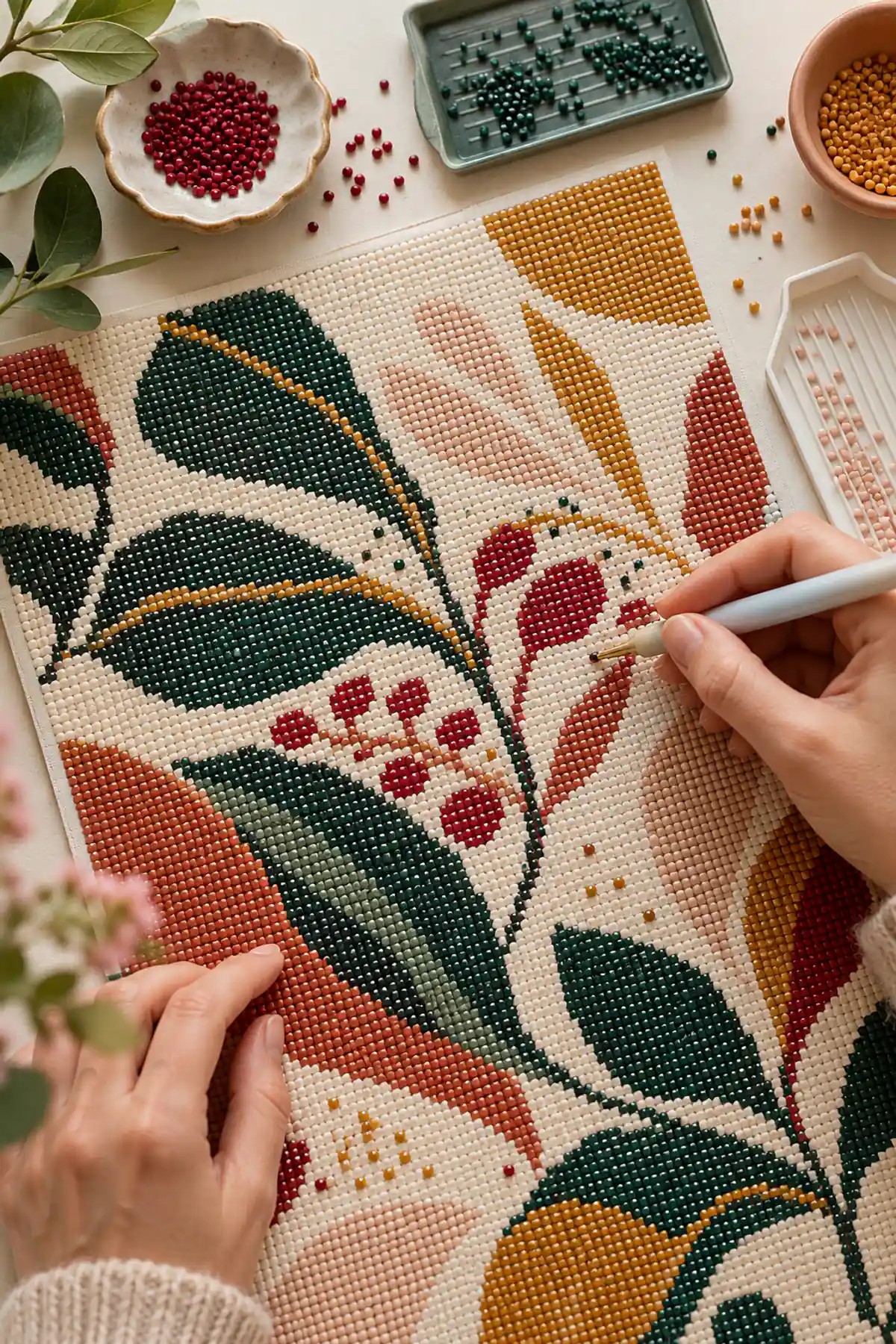 Gros plan sur des mains posant des perles colorées sur une toile créative