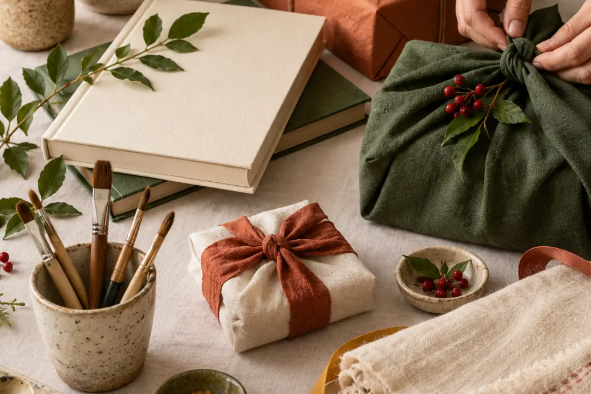 Sélection de cadeaux créatifs et culturels emballés sur un fond crème