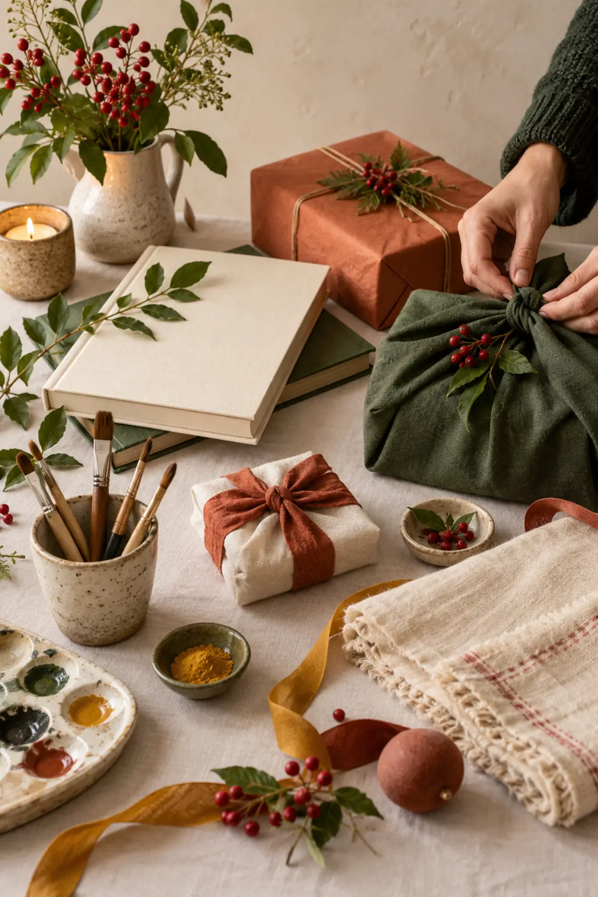 Sélection de cadeaux créatifs et culturels emballés sur un fond crème