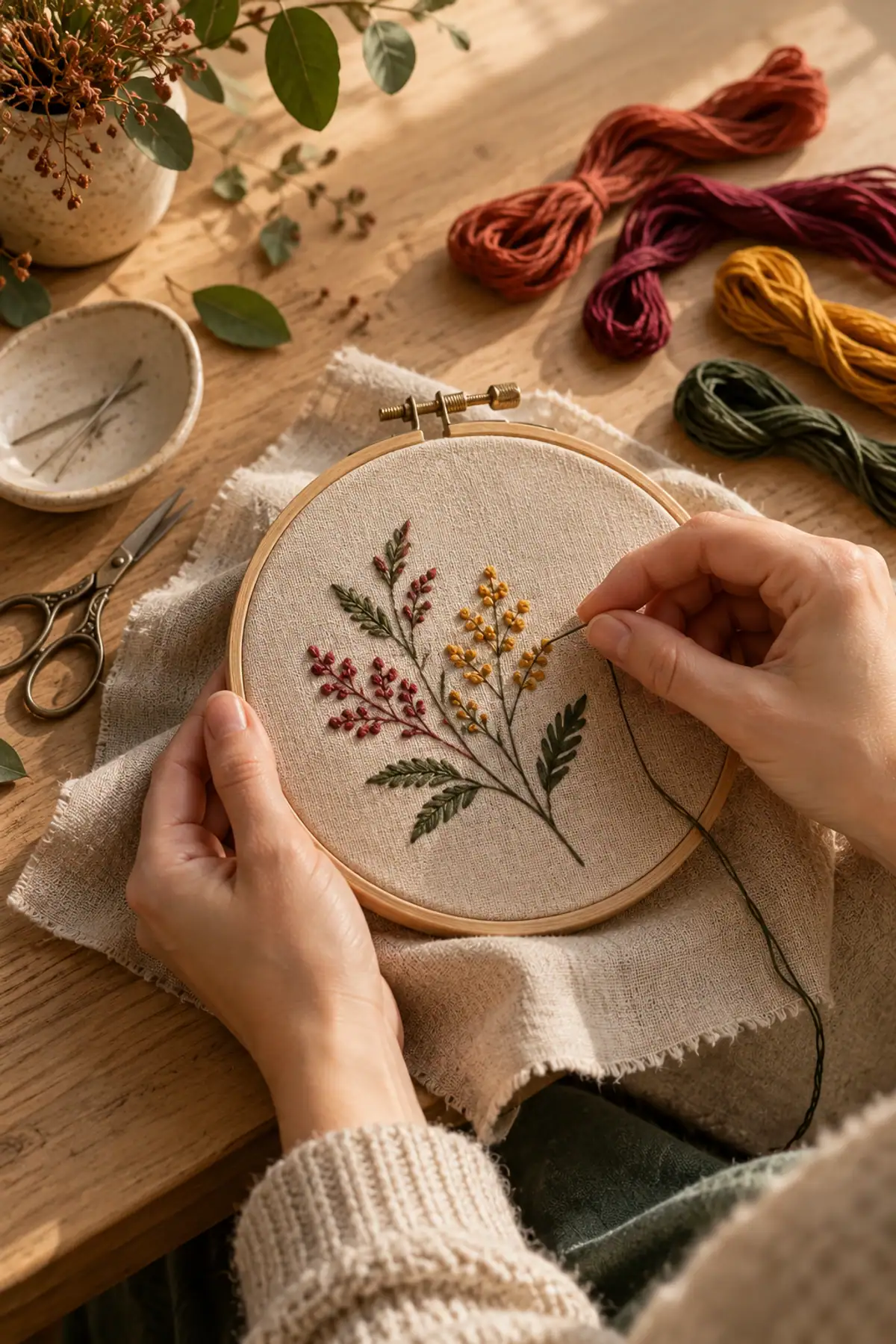 Mains brodant un motif végétal dans un tambour en bois sur une table claire