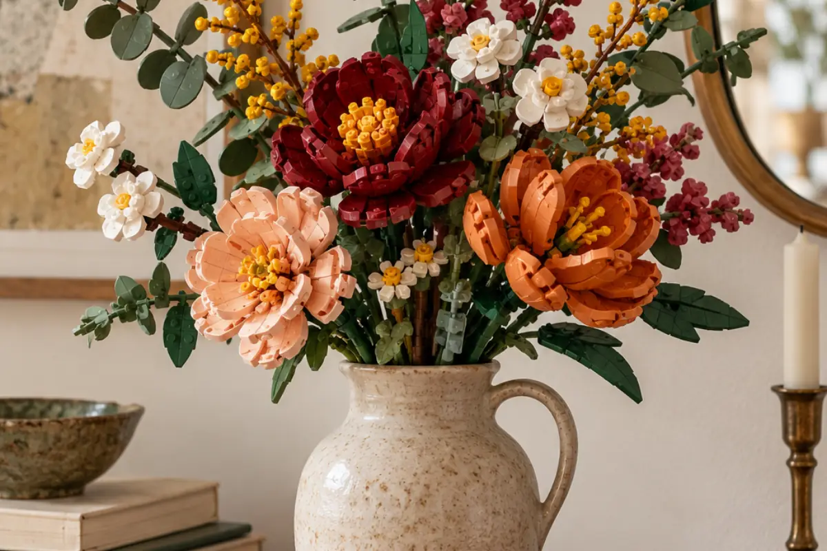 Bouquet botanique construit en briques modulaires sans marque dans un vase